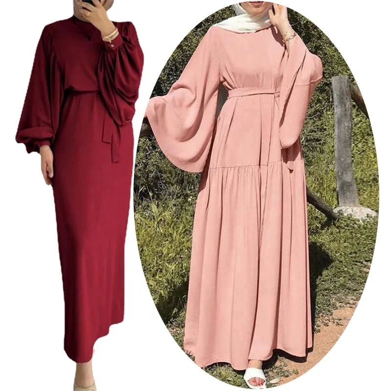 Muslim Modest Dress Chiffon Lantern Sleeve Abaya Dubai Robe Prayer Clothes Sadui Moroccan Long Gown African Dresses