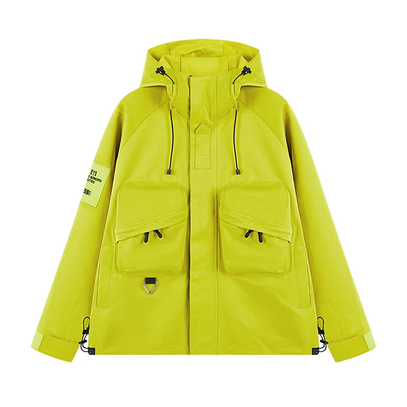 Men's Spring Windbreaker Jacket with Zipper and Full Face Coverage Fashion Outdoor Gear with Big Pockets Front Logo Placement