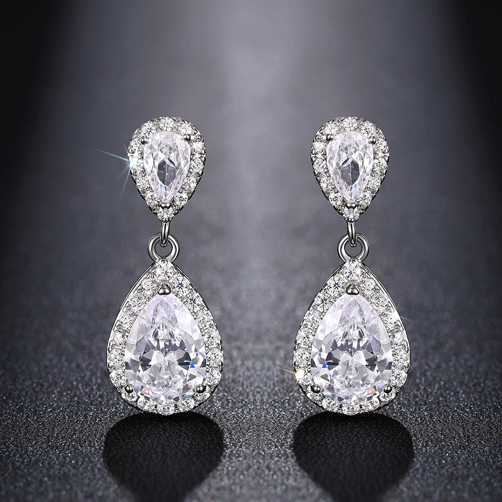 Huitan 6 Colors Waterdrop Crystal Cubic Zirconia Earring Silvery Golden Ladies Bridal Wedding CZ Women Jewelry Pendant Earrings