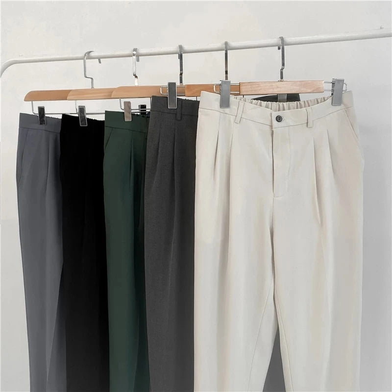 2024 New Men's Suit Pants  Design Loose Ankle Length Bottoms Elastic Waist Solid Streetwear Cool Casual Clothing