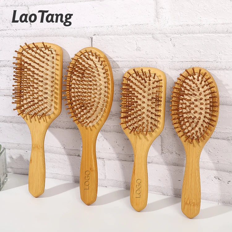 Custom Large Oval Wooden Hair Brush for Women Natural Organic Eco-Friendly Logo Cushion Paddle Vent Scalp Massaging Scalp