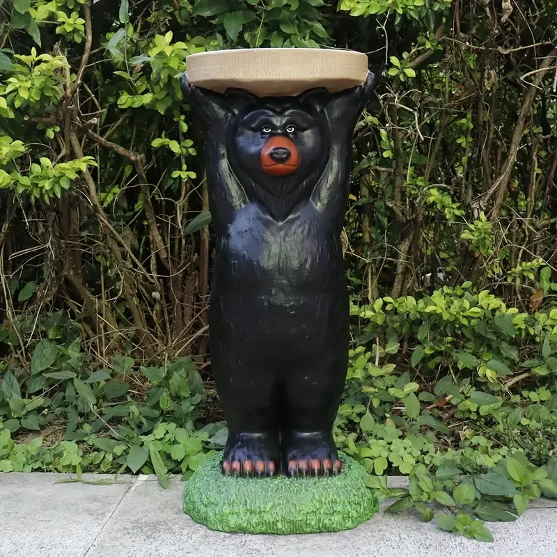 Black Bear Resin Statue Hand-painted Tray-top & Lifelike Detail Wildlife Decorative Outdoor Garden Side Table