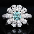 Luxury Jewelry Flower Style Blue 0.6ct 5mm Cushion Cut Set with 3X5MM Pear Cut Moissanite Halo Engagement Ring
