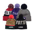 Manufacture Slouch Knitted Stripped Sports Pom Pom Footy AFL Custom Knit Bobble Winter Beanie Hat With logo