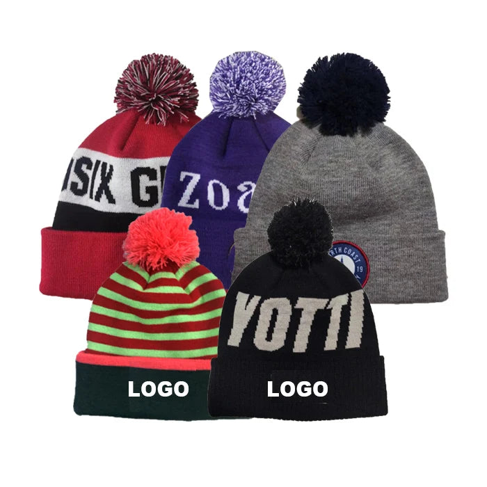 Manufacture Slouch Knitted Stripped Sports Pom Pom Footy AFL Custom Knit Bobble Winter Beanie Hat With logo