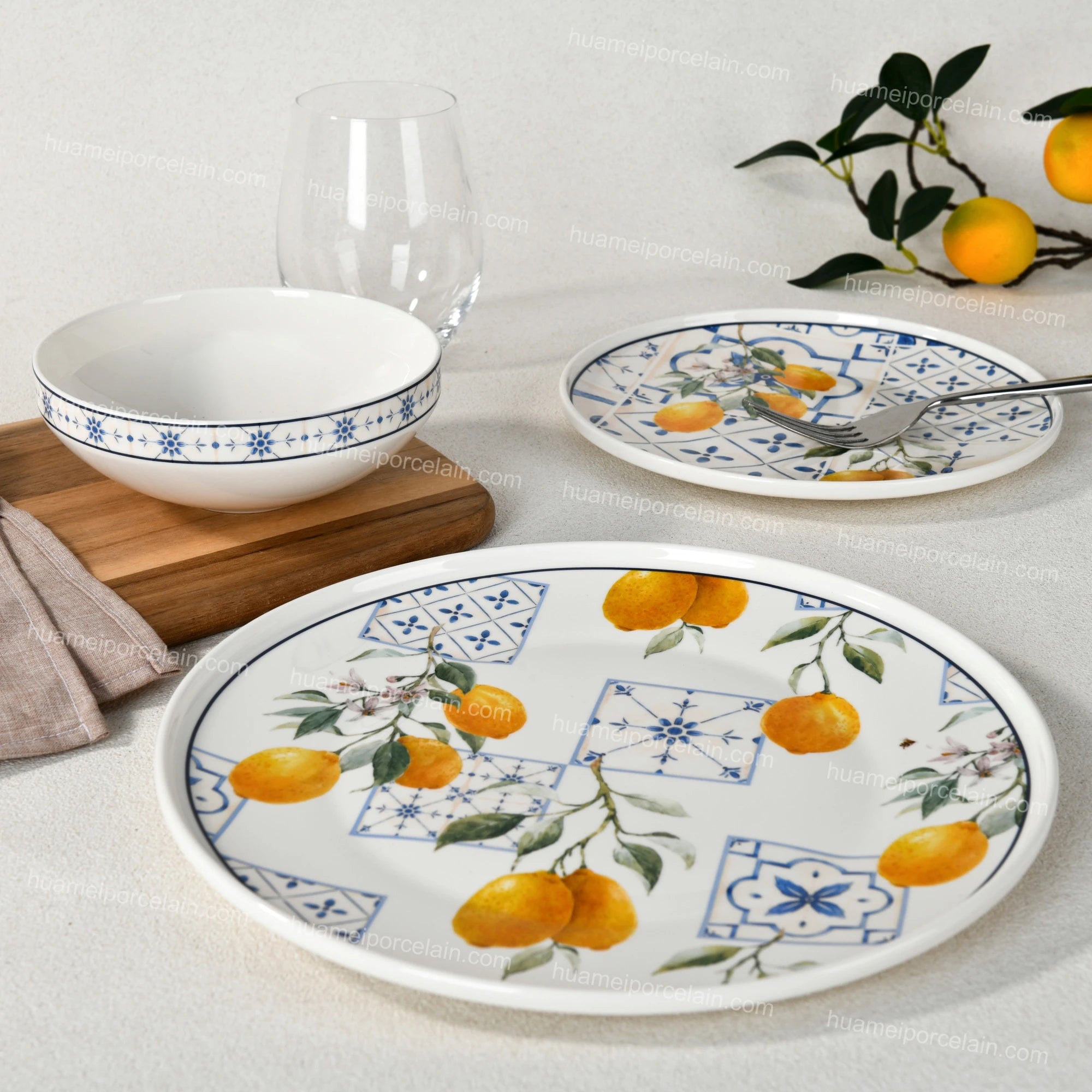 Modern Design 18PCS Porcelain Lemon Ceramic Dinner Plate Set Personal Use Dinnerware