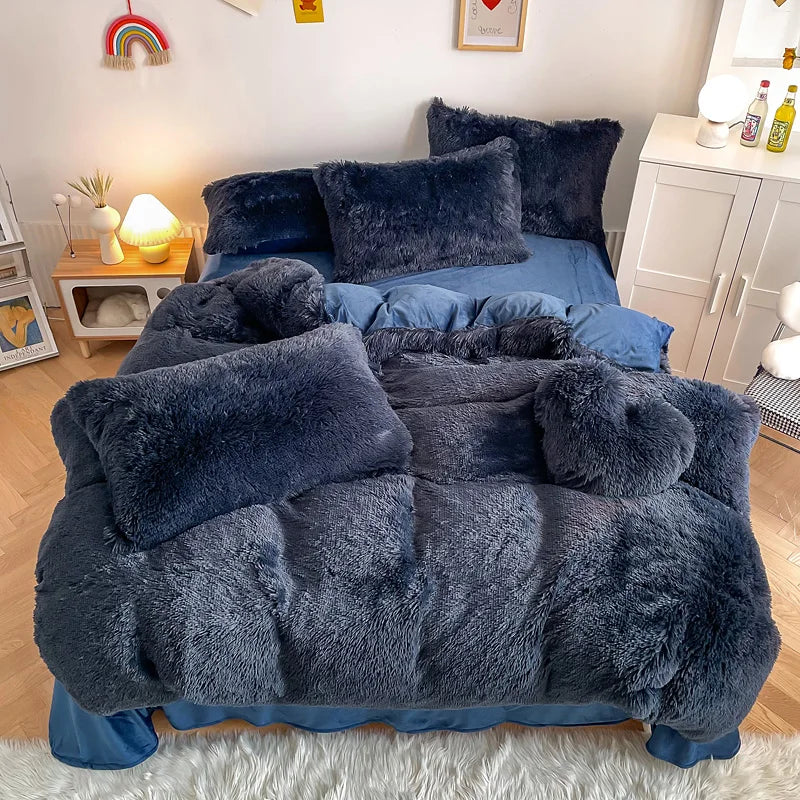 Mink Velvet Bed Sheet Set Solid Color Modern Style Duvet Cover with Printed Four Piece Water-Washable Fitted Sheet Bedding Set