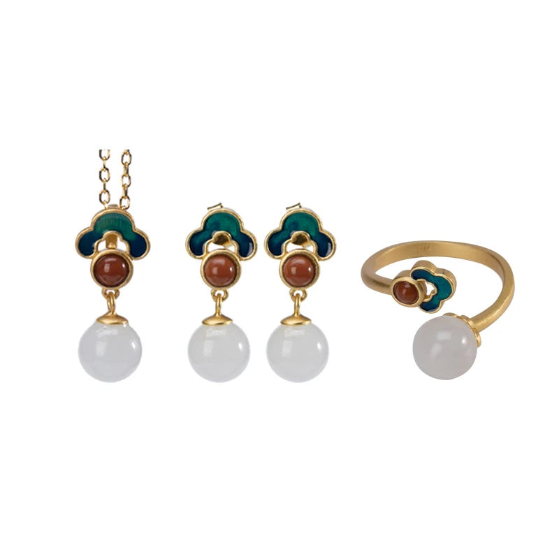 Chinese Style Gold Plated Enamel Lucky Hetian Jade Rings Necklace Earrings 925 Silver Wedding Jewelry Sets for Women