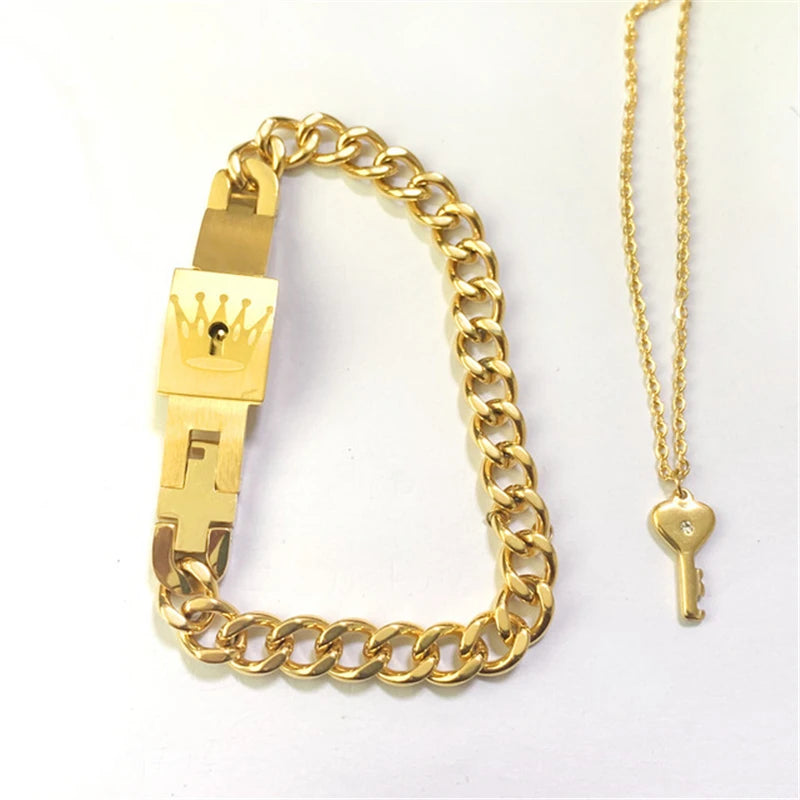 Key and Lock Jewelry Sets Necklace Couple Stainless Steel Bracelet Jewelry Set