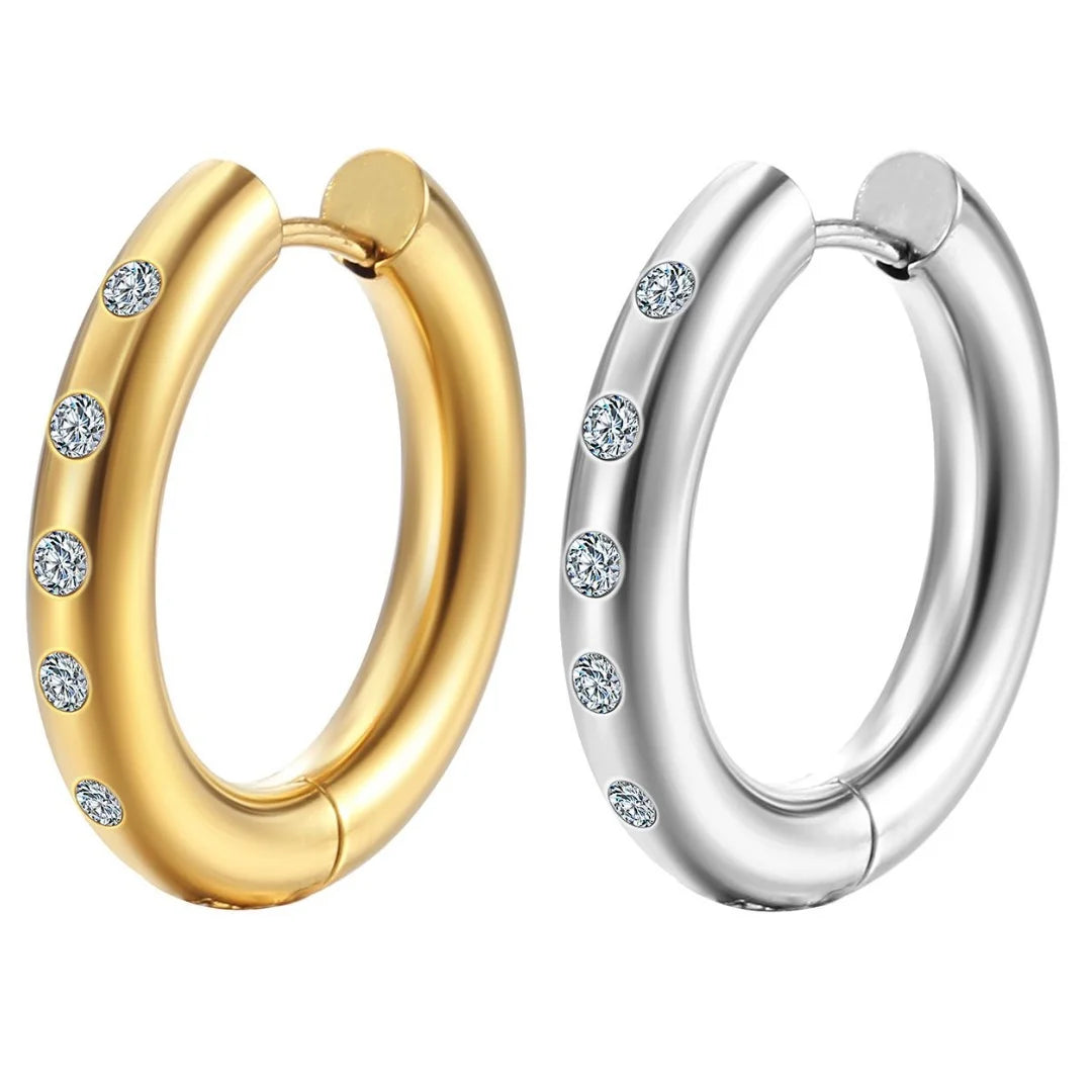 Showfay Stainless Steel Zircon Trendy Round Mini Ear Buckle Piercing Hoop Earrings for Women Fashion Jewelry