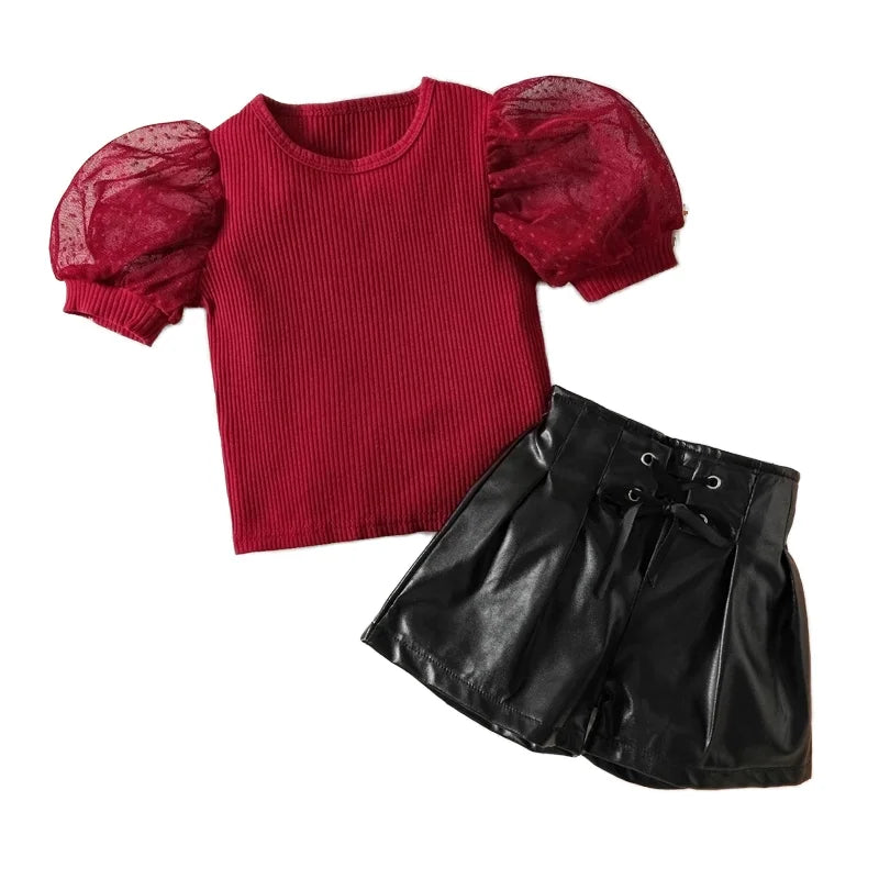 3 Colors Mixed New Girls' Fashionable Pit Stitching Mesh Sleeve Top PU Lace-up Short Pants Kid Girl Clothing