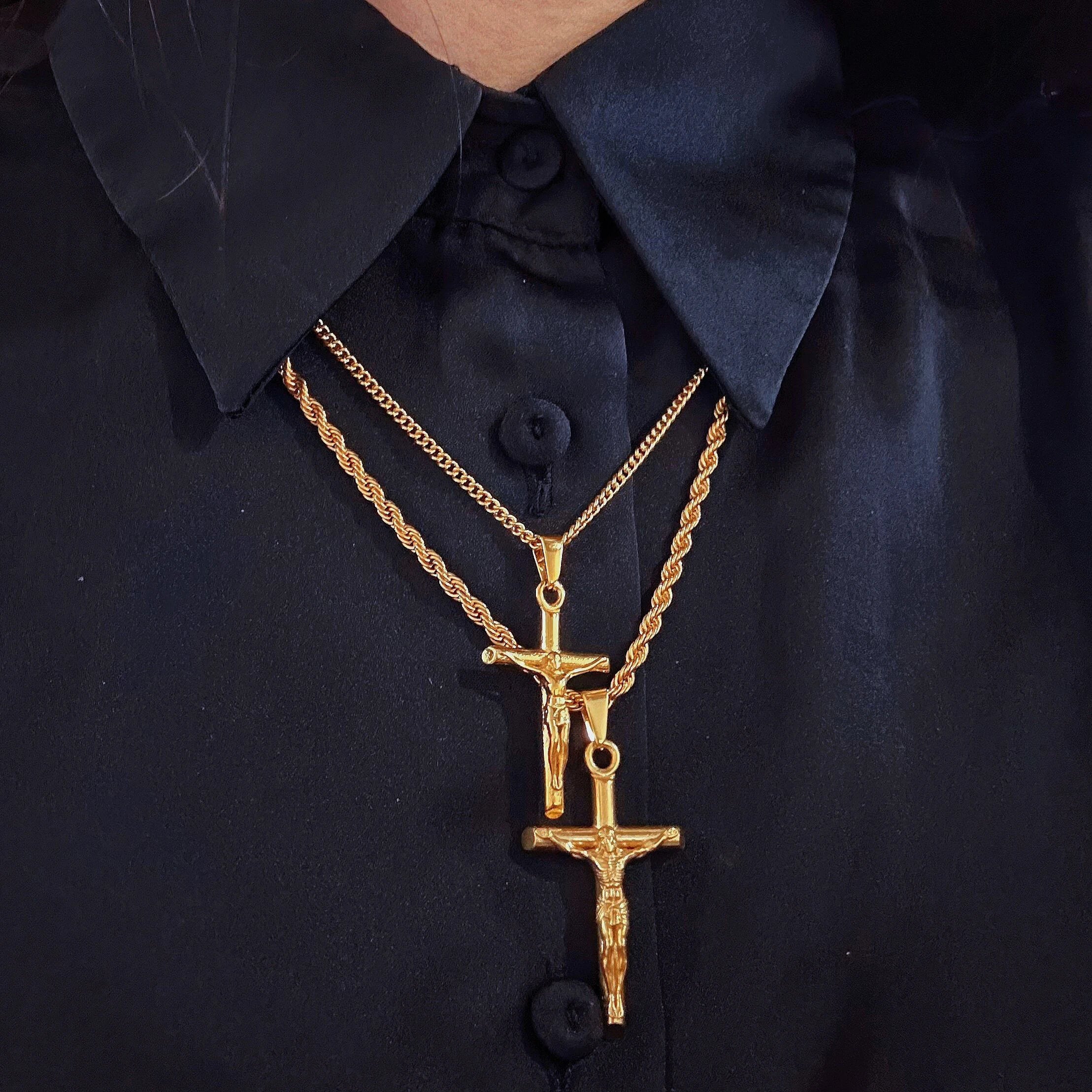 Hot Selling Titanium Steel Cross Necklace Gold Plated Men's Cross Pendant Rope Chain Jesus Cross Crucifix Pendant Necklace 38mm