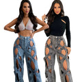 Truen New Personalized Fried Dough Twists Women Hollow Loose Straight Jeans