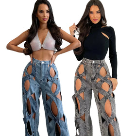 Truen New Personalized Fried Dough Twists Women Hollow Loose Straight Jeans