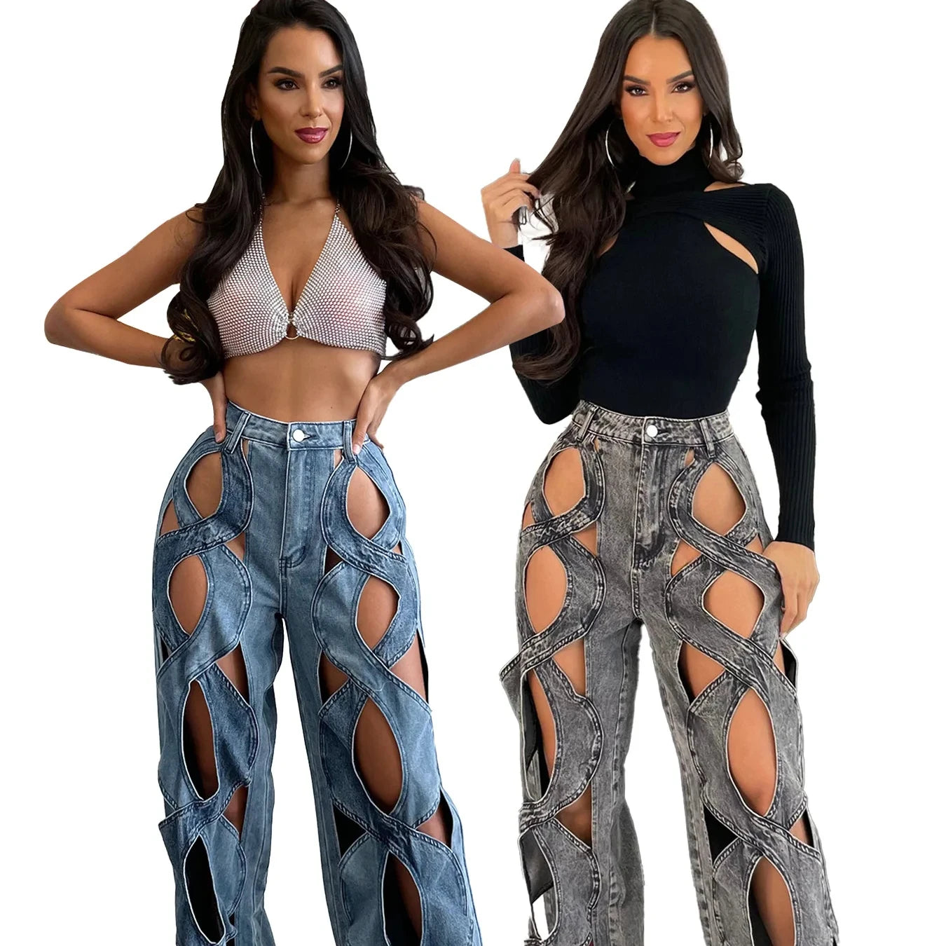 Truen New Personalized Fried Dough Twists Women Hollow Loose Straight Jeans