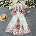 LW0636 New Female Niche Vintage Round Neck Lantern Sleeve Waist Slimming Press Print Dresses Women Lady Elegant