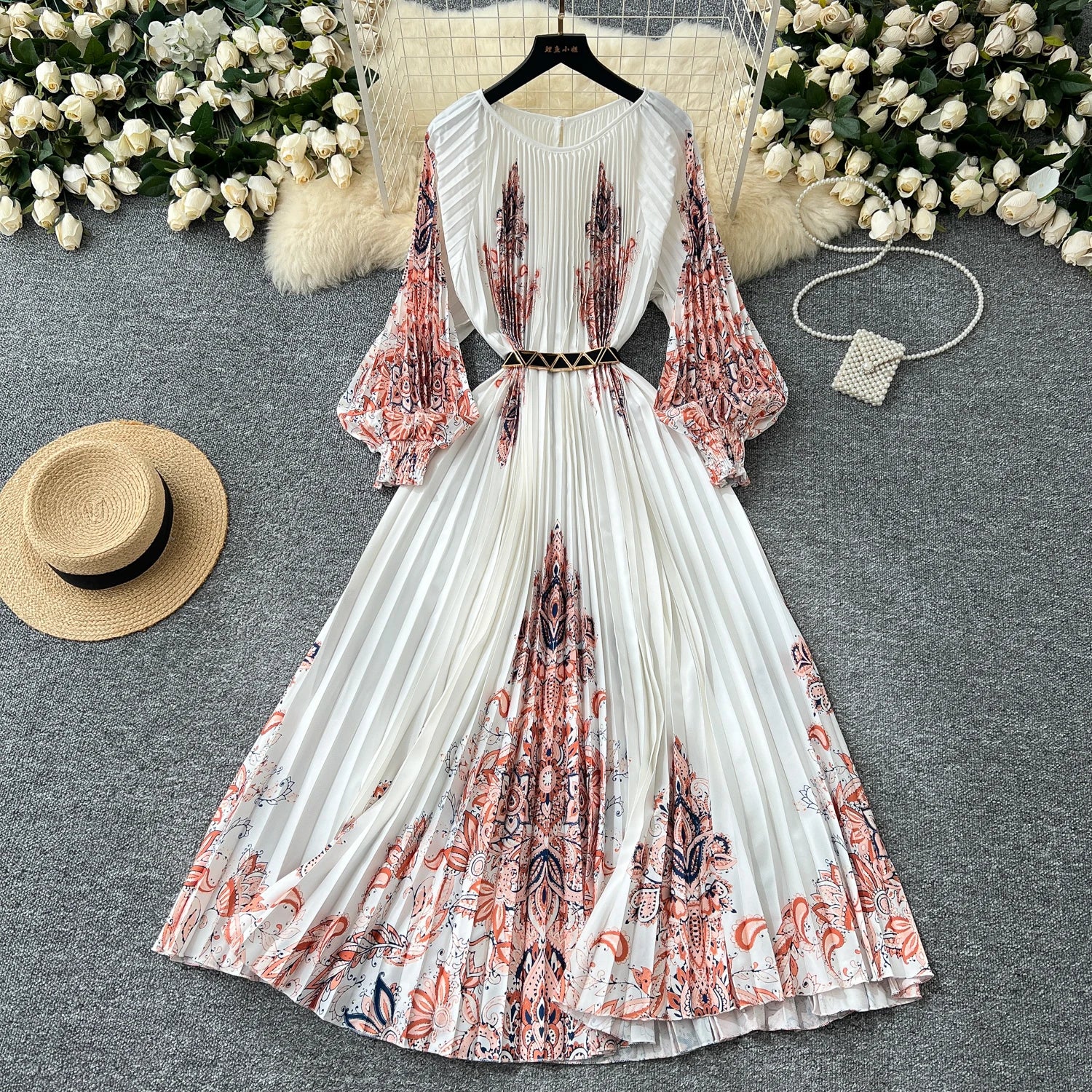 LW0636 New Female Niche Vintage Round Neck Lantern Sleeve Waist Slimming Press Print Dresses Women Lady Elegant