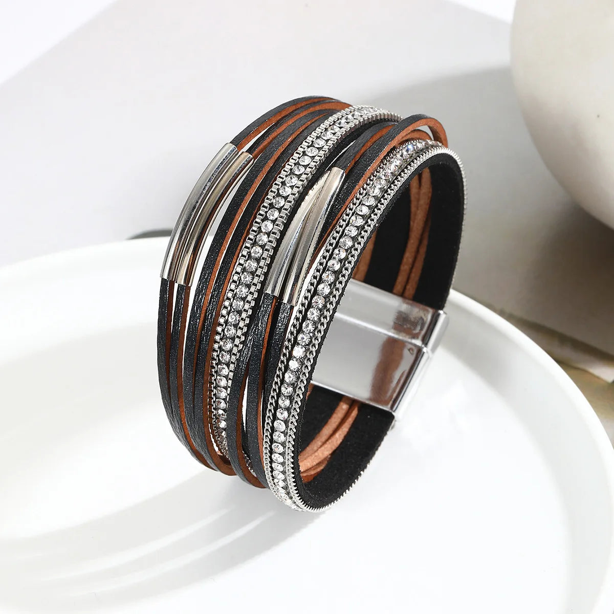 European and American Fashion Bracelet Thin Chain Zircon Multi-Layer Leather Magnetic Buckle Bracelet Gifts for Women