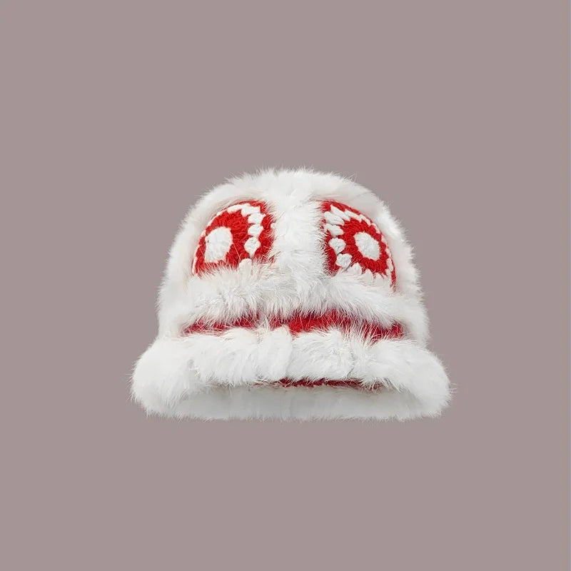 Women Winter Furry Crochet Bucket Hat Fashion Knit Faux Fur Trimmed Elastic Cute Warm Cap Soft Warm Fashion Fuzzy Plush Hats