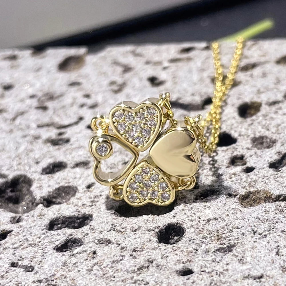 Romantic Magnetic Folding Heart Necklace Four Leaf Clover Pendant Stainless Steel Chains for Women Girls Daily Accessories Gifts