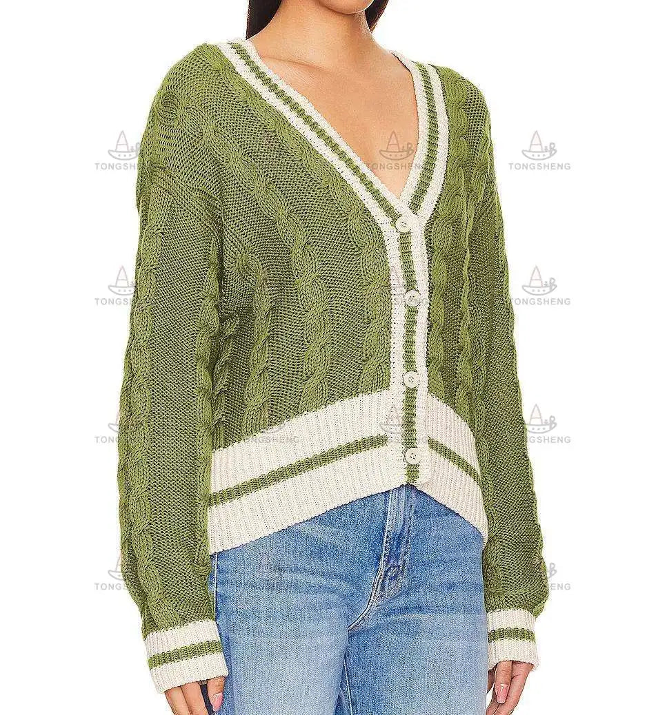 2026 OEM ODM Factory Wholesale Custom Casual Long Sleeve Color Block Ladies Cable Knit Cardigan Sweater for Women