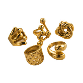 Hip Hop 18k Gold Plated Geometric Ring Waterproof Stainless Steel Round Ball Crossed Wreath Ring for Women
