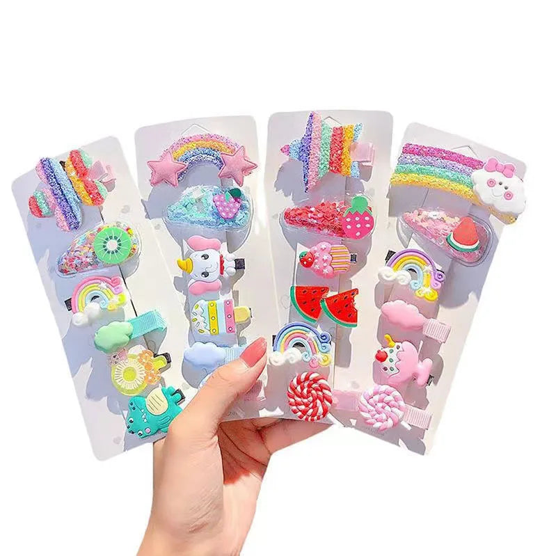 New 6Pcs Per Card BB Clip Set Cartoon Rainbow Unicorn Hair Clip Set Quicksand Children Headband Kids Accessories