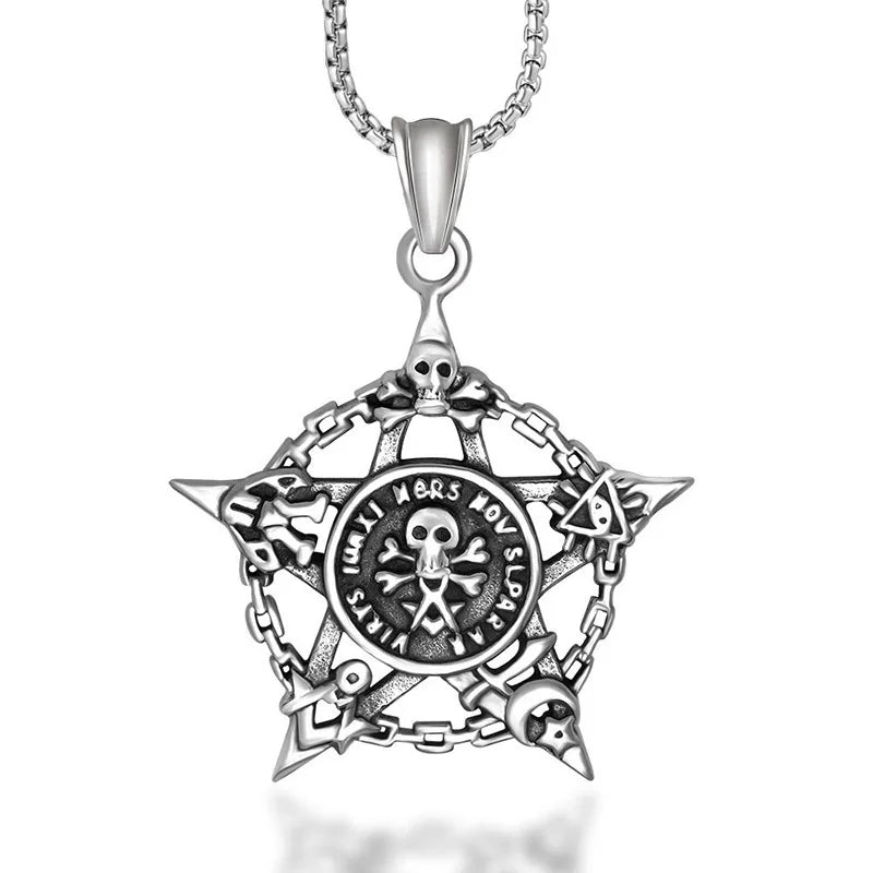 Personality Gothic Titanium Steel Five-pointed Star Skull Masonic Star Pendant for Men's Silver Necklace