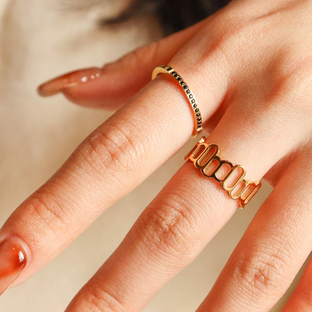 Chris April Fashion Jewelry 316L Stainless Steel PVD 18K Gold Plated Hollow Uneven Levels Ring for Women