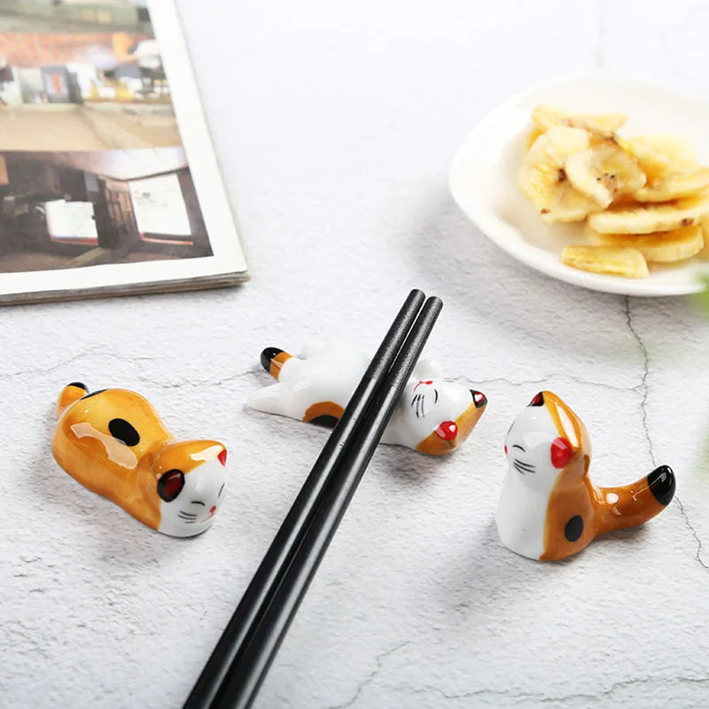 Cute Ceramic Cat Chopsticks Rest Rack Stand Holder for Chopsticks and Spoon