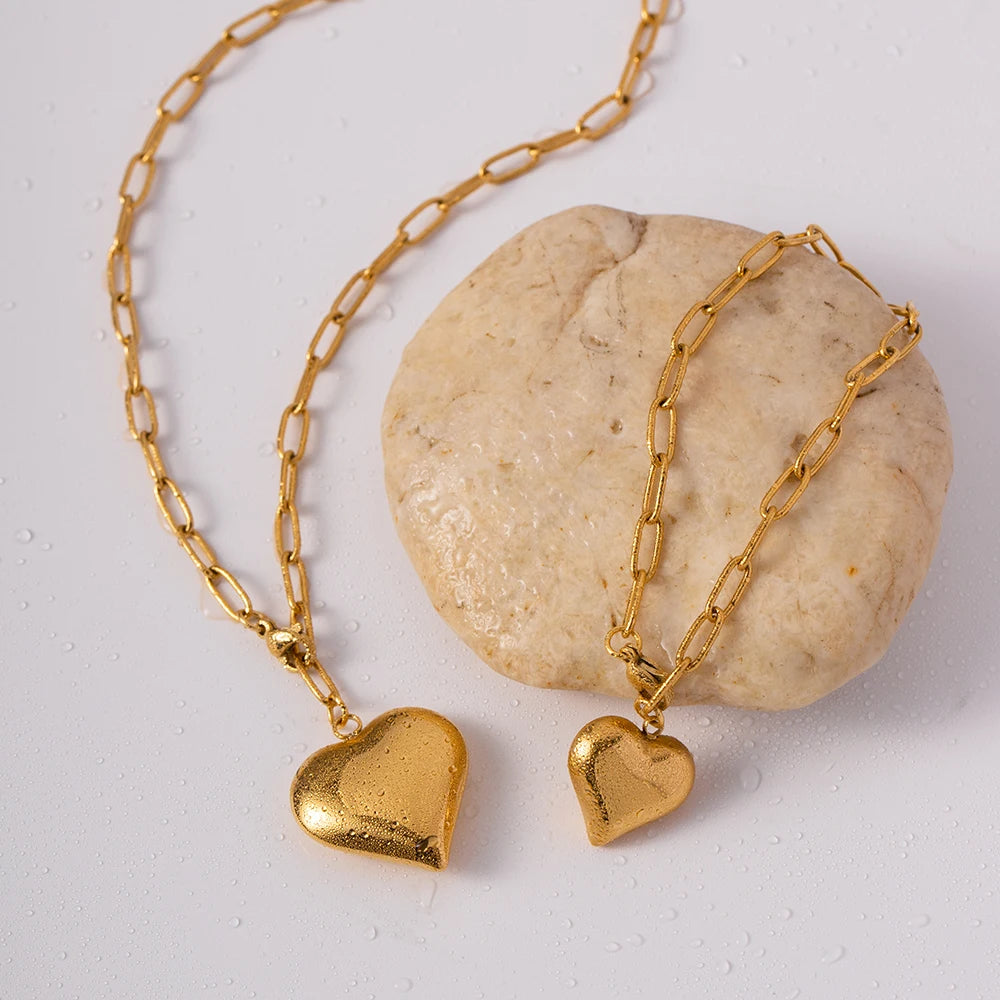 J&D Stainless Steel 18k Gold Plated Heart Shape Necklace Jewelry Chain Bracelet Set