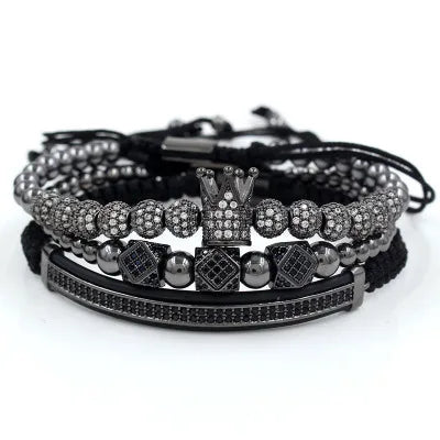 2026 CZ Micro Pave Ball Crown Braided Beaded Adjustable Stainless Steel Charm Jewelry Bracelets for Men
