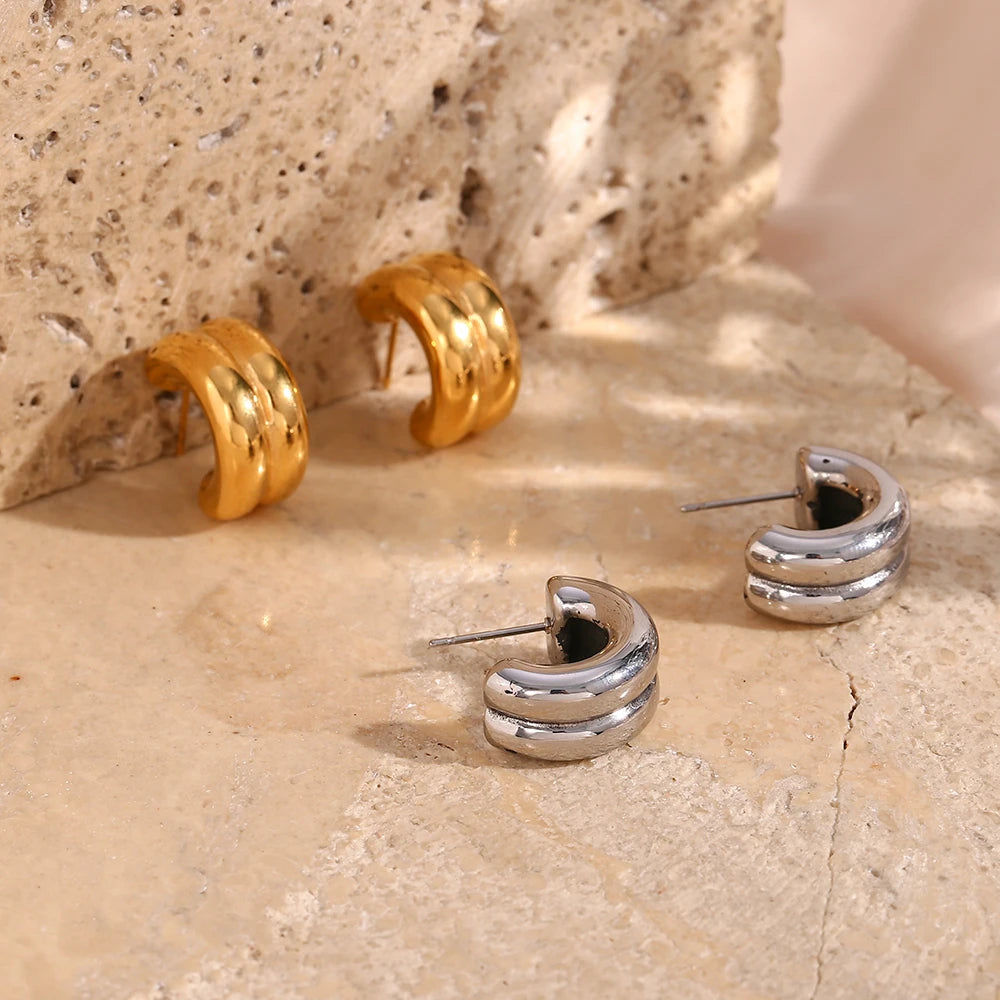 Drop Shipping C Shape 18k Gold Plated Stainless Steel Stud Earrings for Women Double Layer Earring Women Jewelry