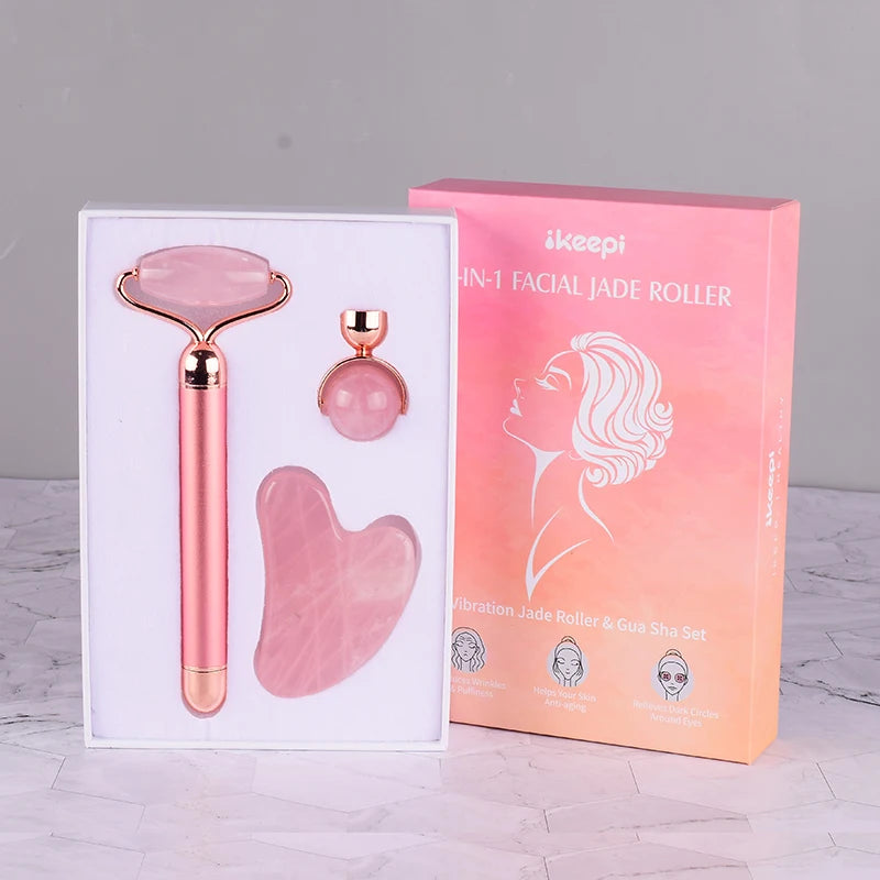 HZ Rose Quartz Rolller Jade Large Frame Face Roller for Skin Care 3pcs Set Electric Face Roller Skin Care & Tools