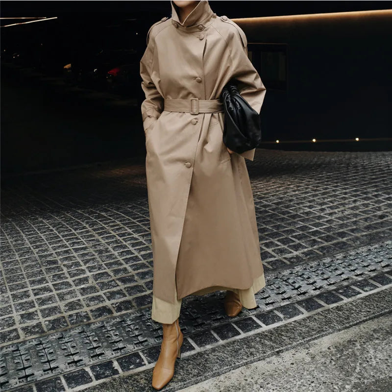 Wholesale 2026 Autumn Mid Length Korean Edition New Standing Neck Slim Fit Waist Long Sleeve Lace up Women's Trench Coats