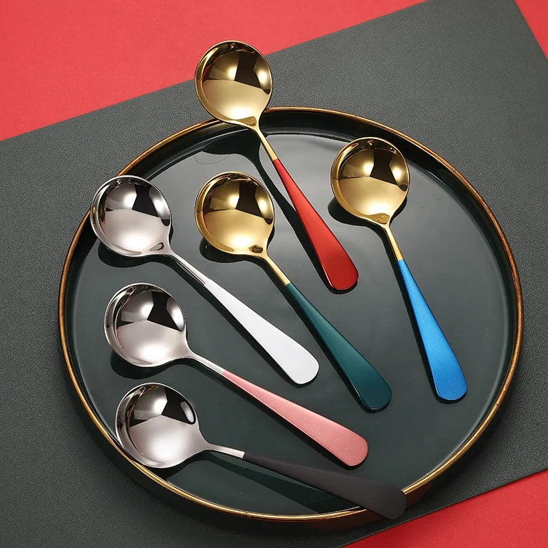 Fancy Decorating Colorful pink Wedding Dinner Titanium Copper Metal Gold Serving Soup Spoon Set Dessert
