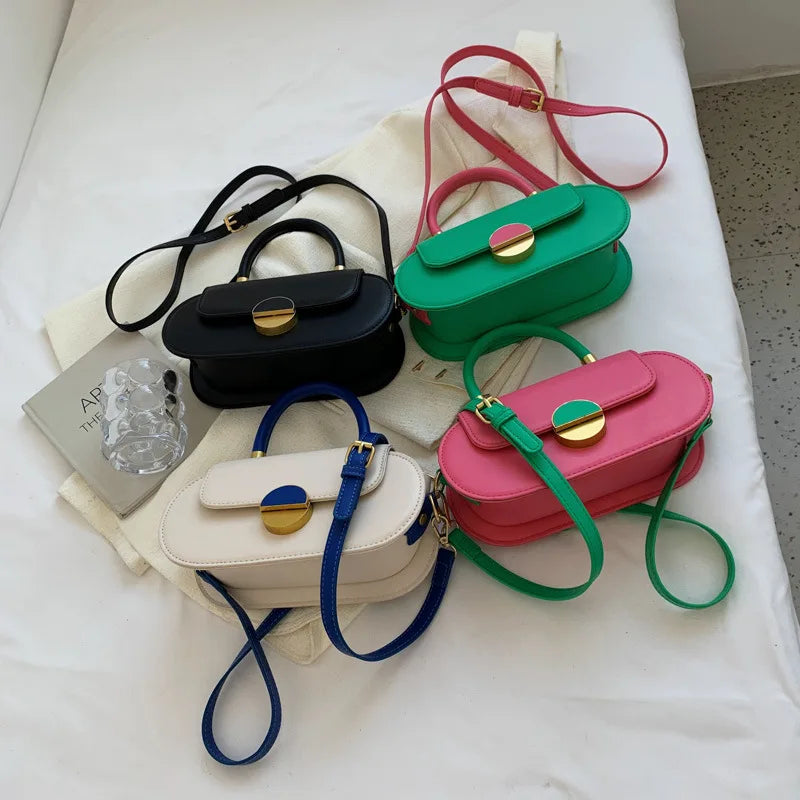Stylish Candy Color Women's Handbag with Half Round Handle Retro Small Fashion Bag with Saddle Closure and PU Lining