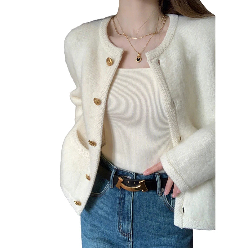 Spring Autumn Faux Mink Knit Cardigan Elegant Solid Color Button Pocket Knitted Sweater Coat Knitted Cardigan Sweater for Woman