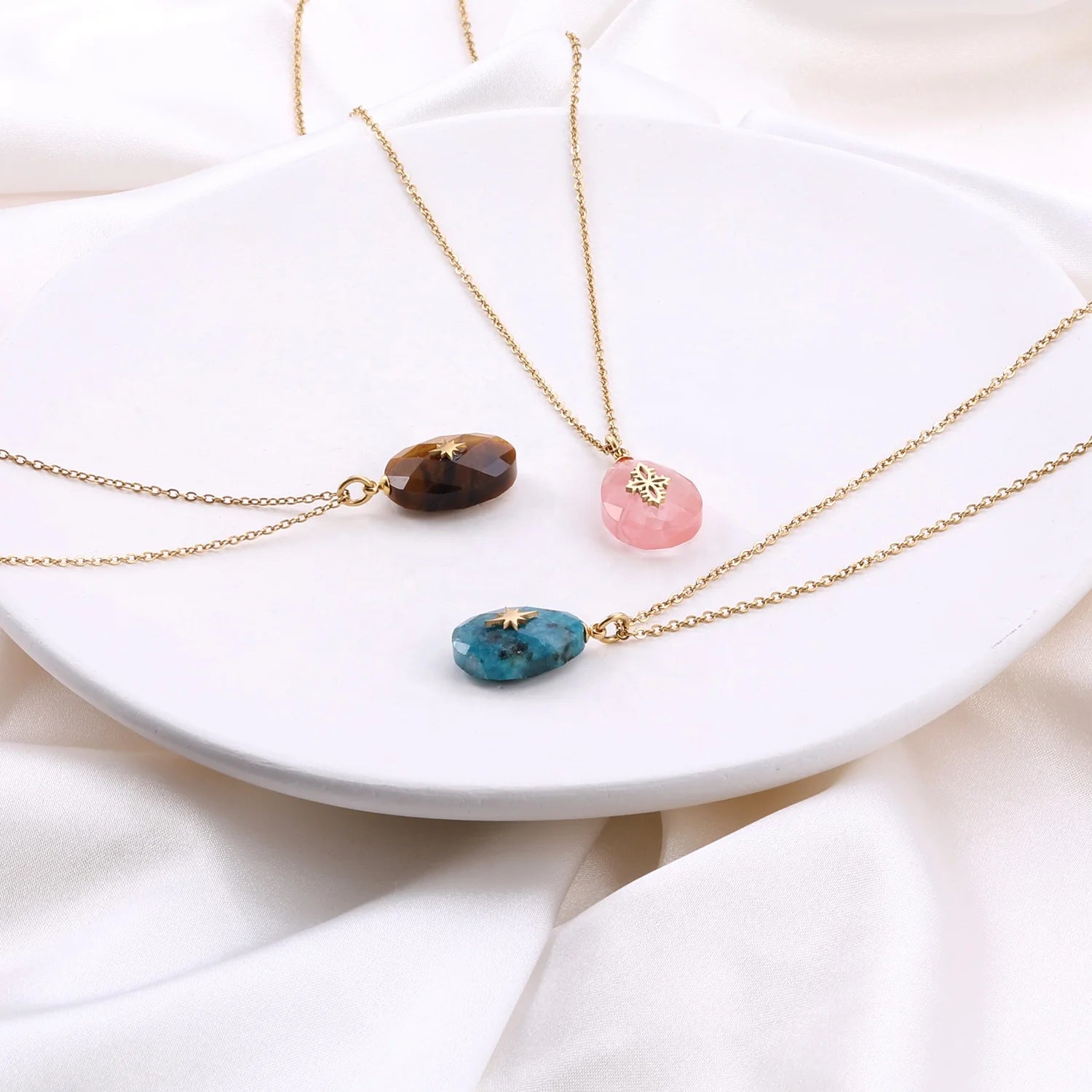 Fashion Necklace Wholesale Custom 18K Gold Plated Stainless Steel Natural Stone Birthstone Crystal Necklace Jewelry for Women