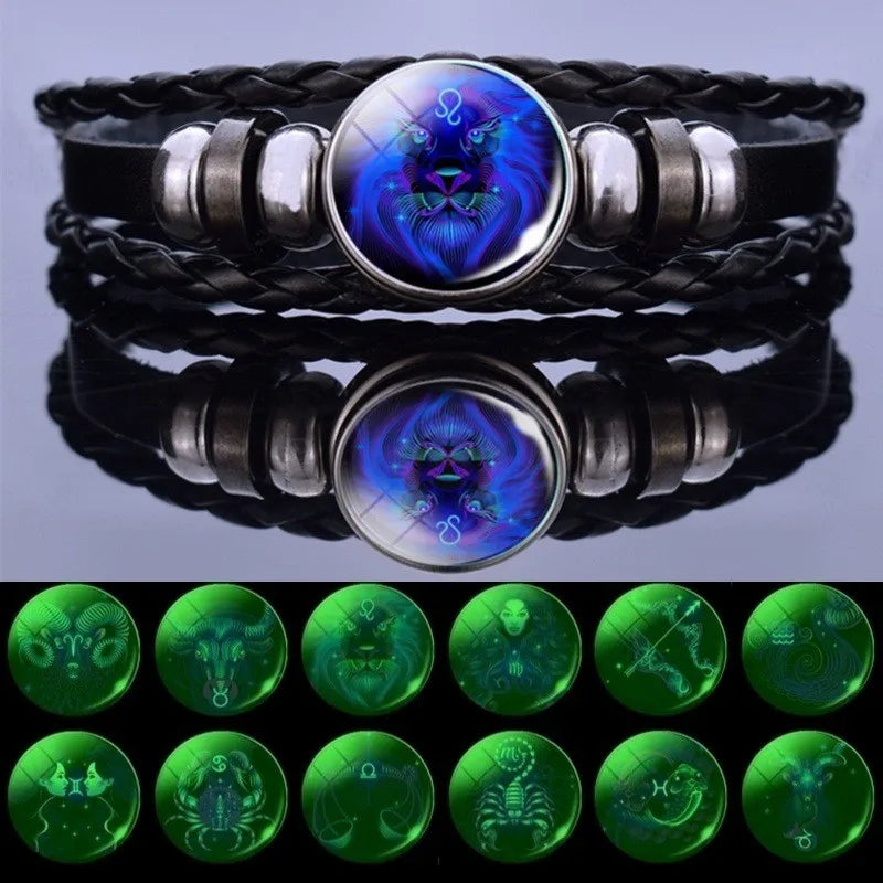 Luminous 12 Constellations Bracelet Zodiac Signs Braided Leather Bangle Men Punk Weave Leather Black Lovers Bracelet