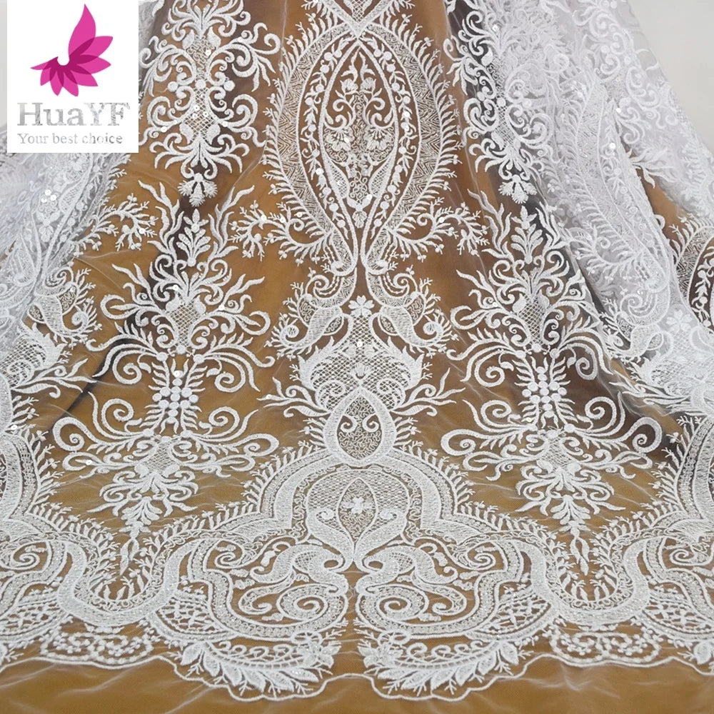 Pure White Bridal Wedding Lace Tulle Sequins Bead Mesh Embroidery Fabrics  HY1533-4