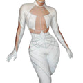 Sexy Long Sleeves With Gloves Crystal Bodysuits Pole Dancer Outfits Bodycon Rompers Women Stage Performance Rhinestone Jumpsuit