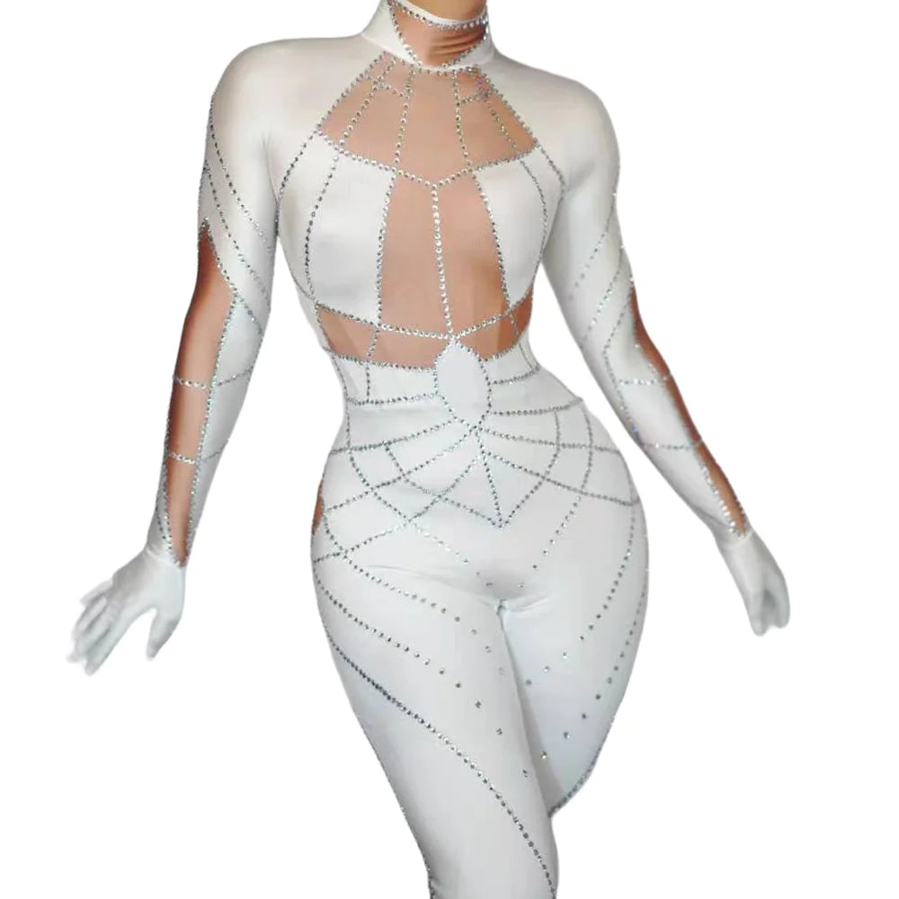 Sexy Long Sleeves With Gloves Crystal Bodysuits Pole Dancer Outfits Bodycon Rompers Women Stage Performance Rhinestone Jumpsuit