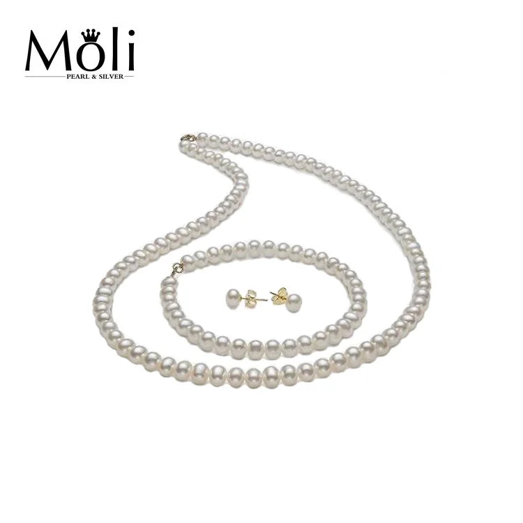 Classic 3PCS Pearl Set Silver Clasp Freshwater 6-7mm Near Round White Pearl Set