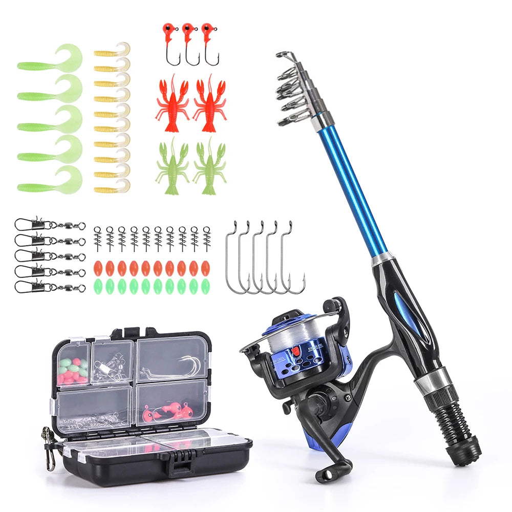 Fishing Rod Reel Combo Full Kit 1.5m Telescopic Fishing Rod Spinning Reel Set with Hooks Soft Lures Barrel Swivels Storage Bag