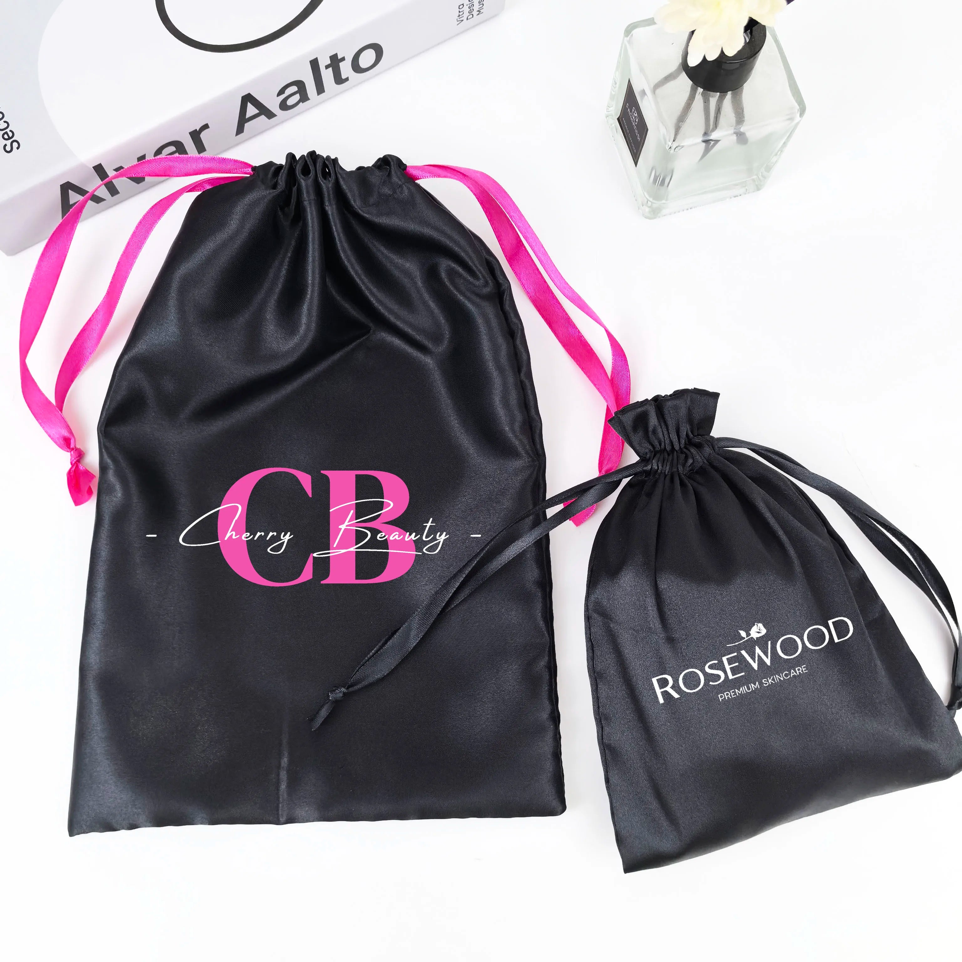 Custom Logo Black Silk Drawstring Bag Storage Pouches Printed Logo Satin Bags for Wigs and Underwear Packaging