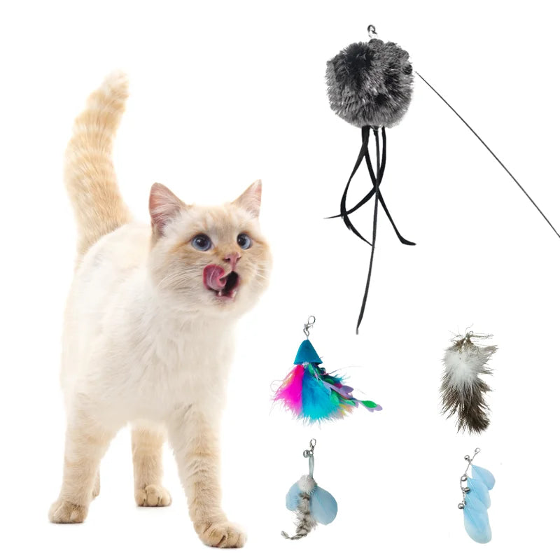 Shengfeng Funny Cat Toy Playing Accessories Alternative Attachment Head Steel Wire fairy Feather Cat Teaser Stick Wand with Bell
