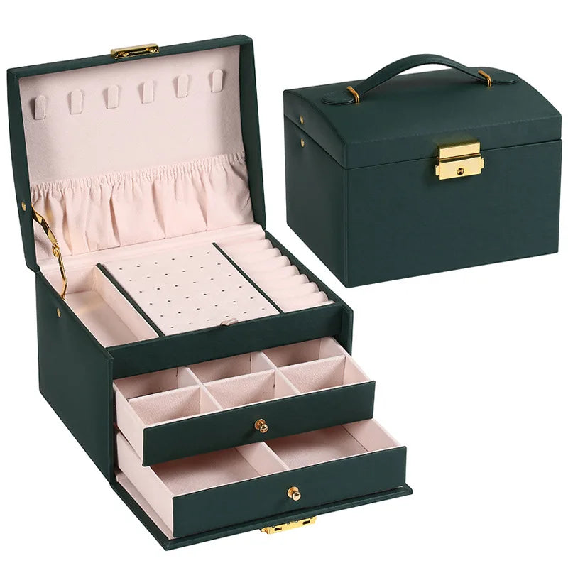Three-layer Leather Flannelette Drawer Type with Lock Jewelry Jewelry Box Storage Ring Earrings Necklace Bracelet Watch Accessor