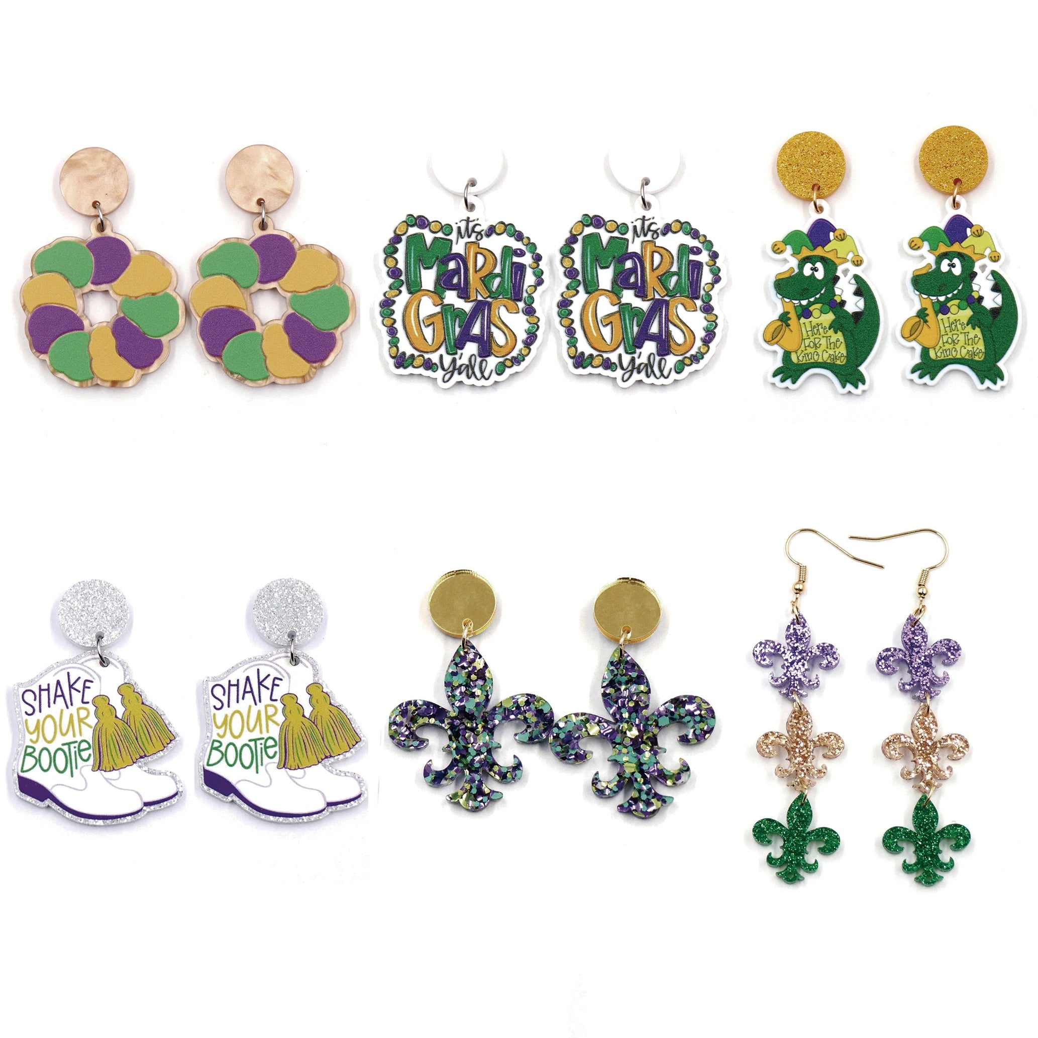 Mardi Grace  Earrings King Cake Fleur Acrylic Glitter Laser Cut UV Printed Wholesale Jewelry Woman