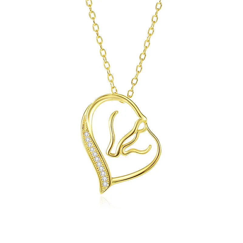 Equestrian Jewelry 925 Sterling Silver Gold Plated Double Horse Zircon Heart Pendant Necklace